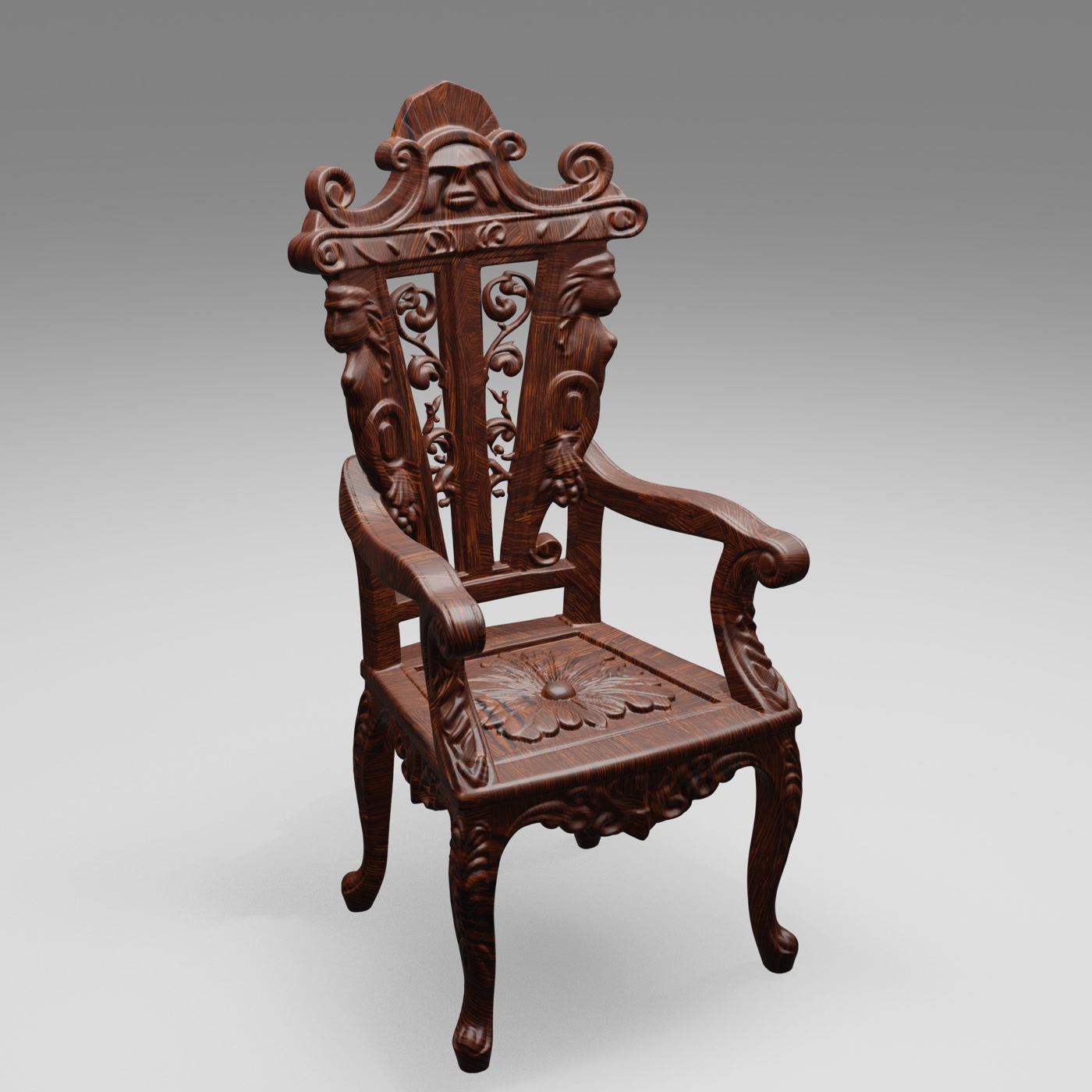 Carved wooden chair 3D model rendered for a product video