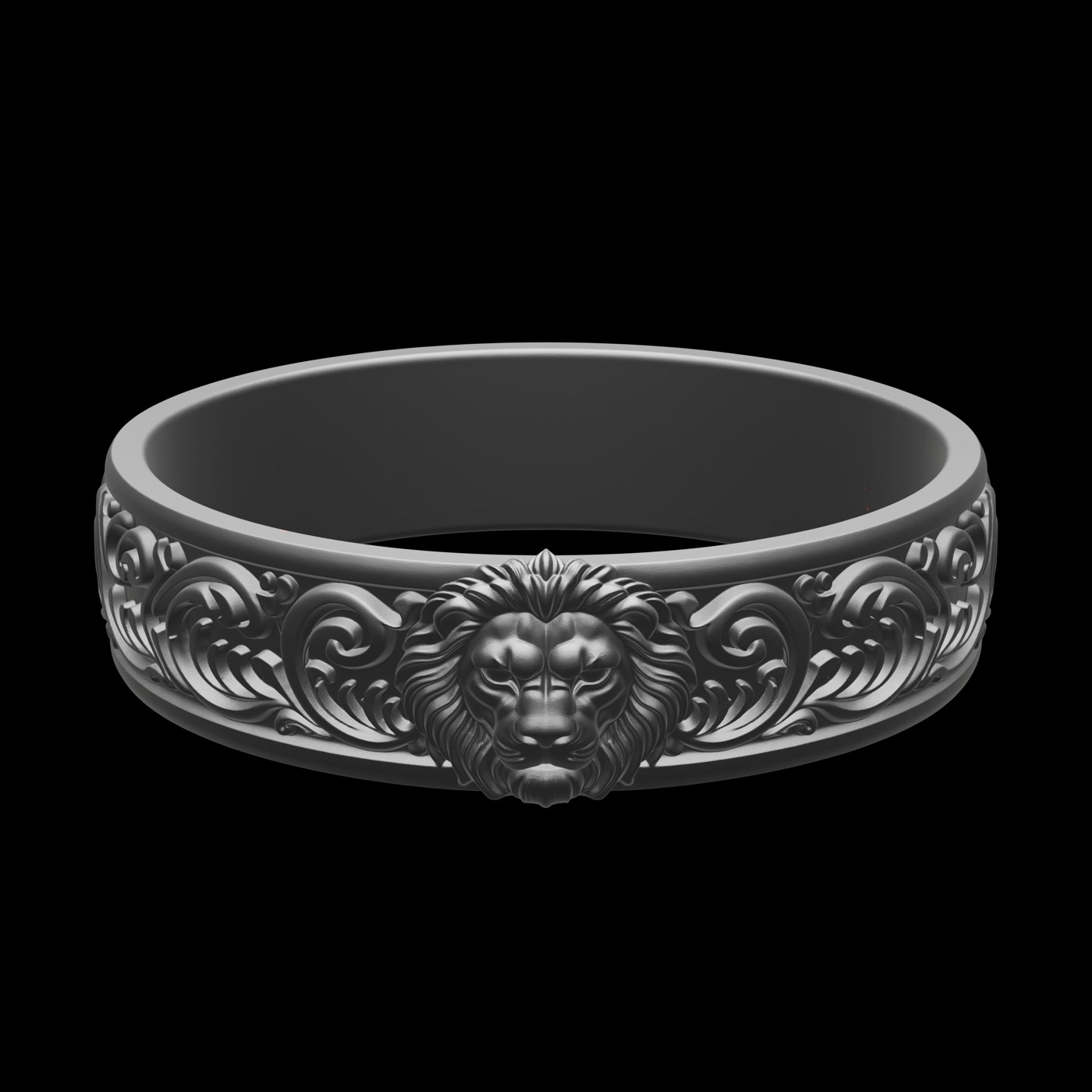 Silver lion signet ring rendered on a black background for a jewelry product image