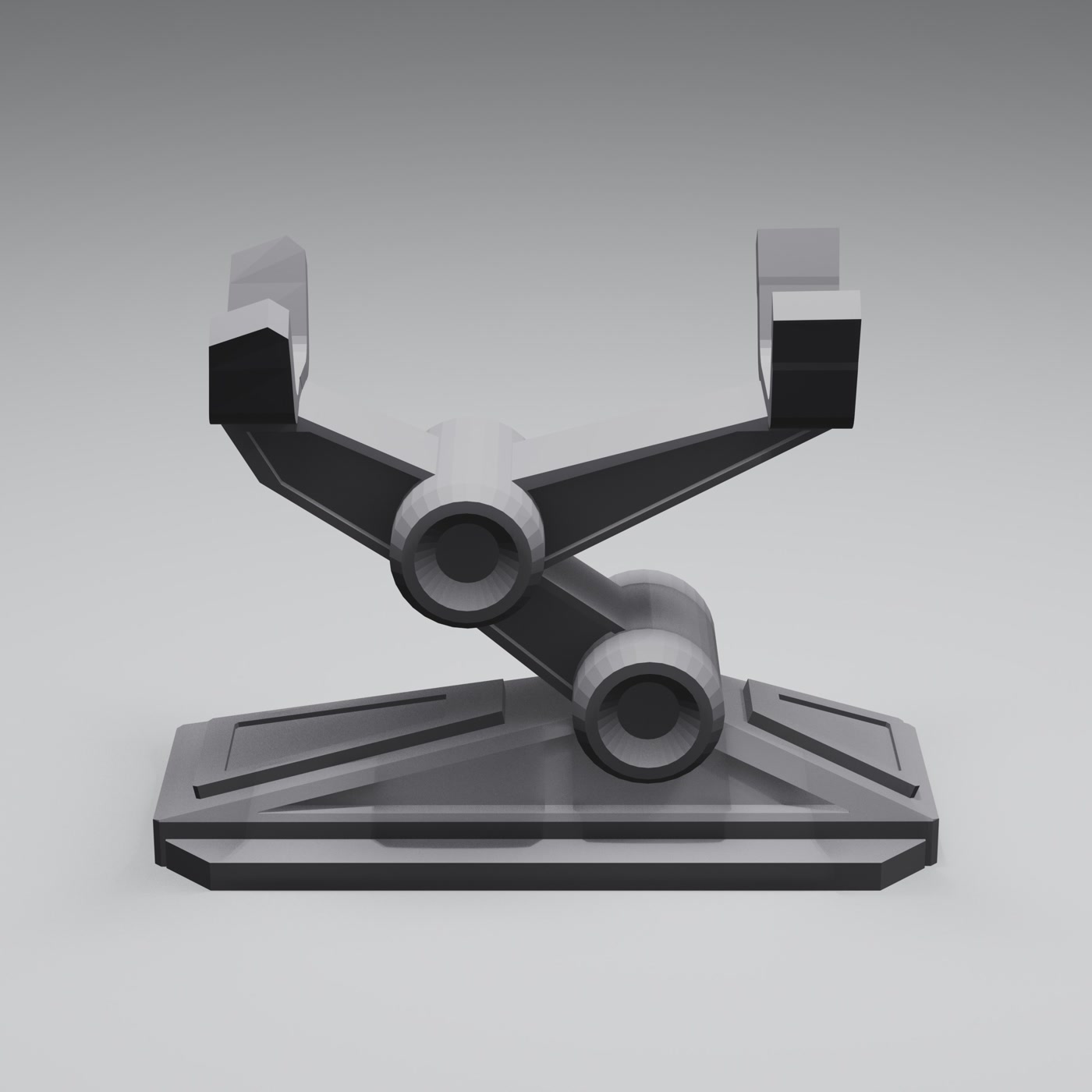 Metal mechanical display stand rendered on a clean studio background
